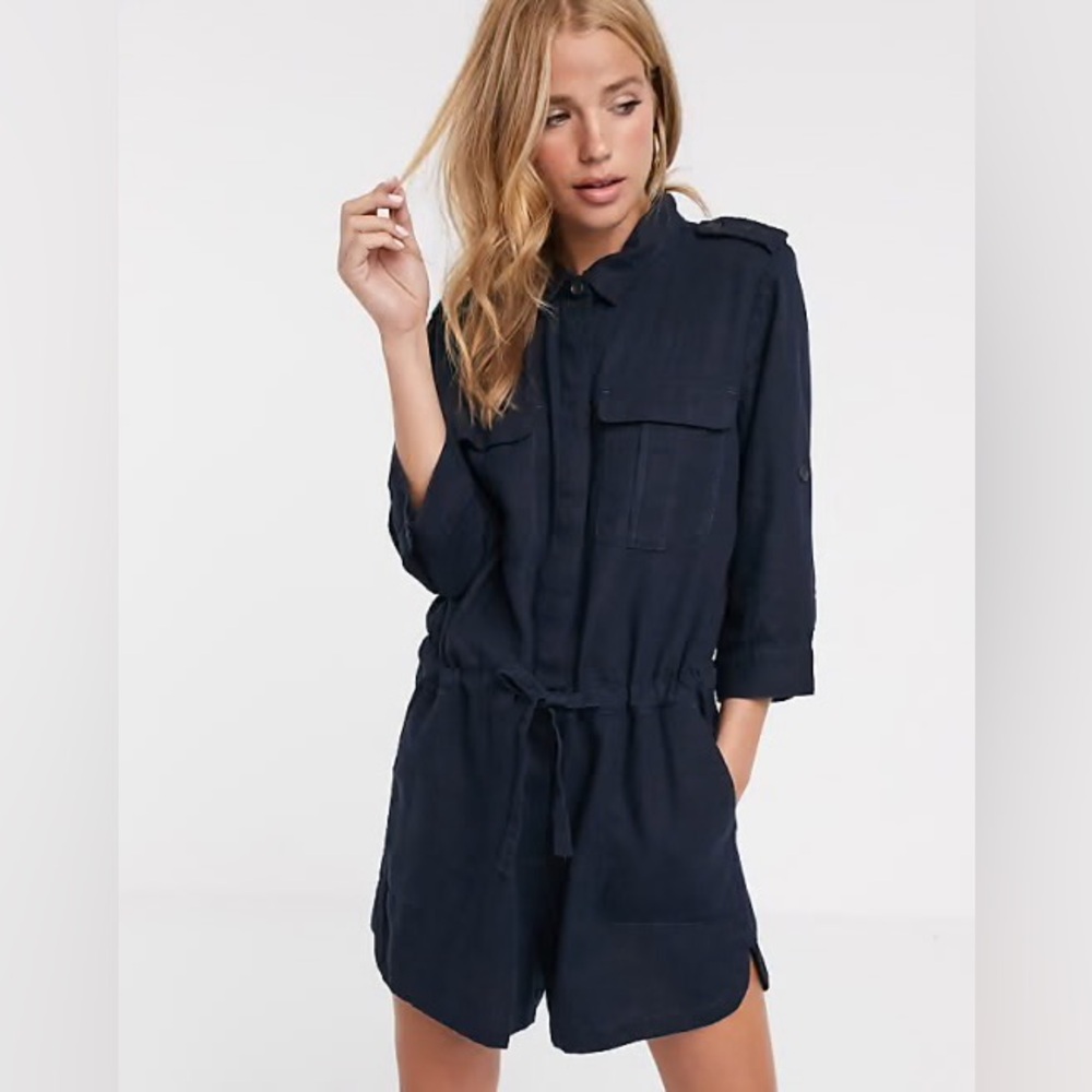 JDY Linen Utility 3/4 Length Sleeve Romper, Navy, SIZE: 38